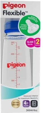 Pigeon Baby Glass Feeding Bottle - With Added Nipple, Pale Blue, M Size, 240 ml