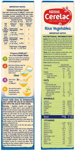 Nestle Cerelac Fortified Baby Cereal - With Milk, Rice & Vegetables, From 8 Months, 300 g Bag-In-Box