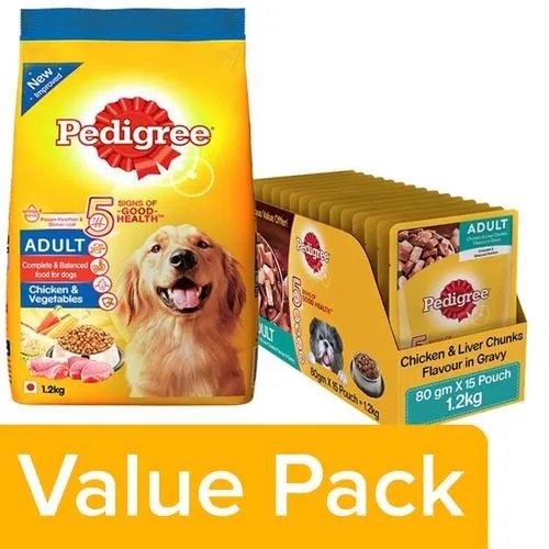 Pedigree Dry Chicken & Veggie 1.2kg+Wet Chicken & Liver Chunks 80g 15 Packs (For Adult)