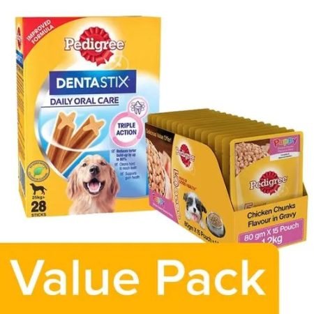 Pedigree Oral Care Dentastix 25 kg+ Dogs, 1.08 kg+Wet Chicken Chunks (Puppy) 80g 15 Packs
