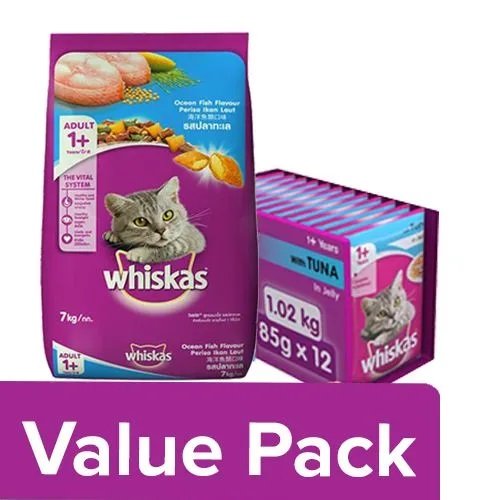 Whiskas Adult Cat Food Pocket Ocean Fish 7kg + Wet Meal Tuna In Jelly, Adult Cat 1.02kg