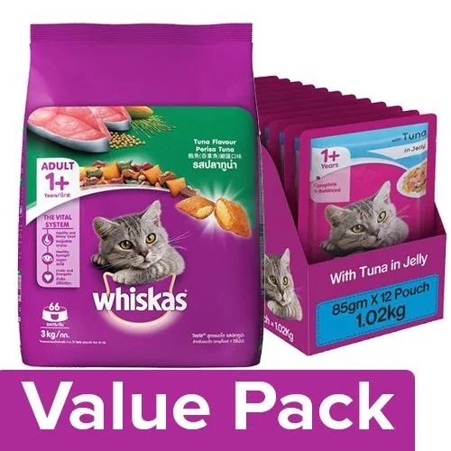 Whiskas Dry - Tuna Flavor 3kg + Wet - Tuna in Jelly (for Adult cats) 85G Pack of 12