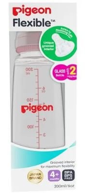 Pigeon Baby Glass Feeding Bottle - With Added Nipple, Pink, M Size, 200 ml